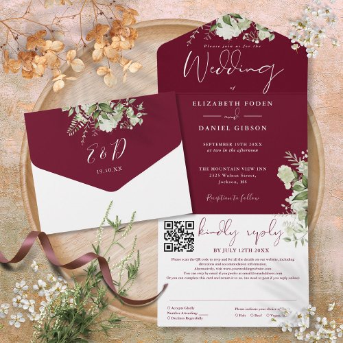 Burgundy Greenery Monogram QR Code Wedding All In One Invitation