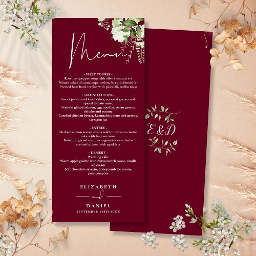 Burgundy Greenery Monogram Wedding Dinner Menu