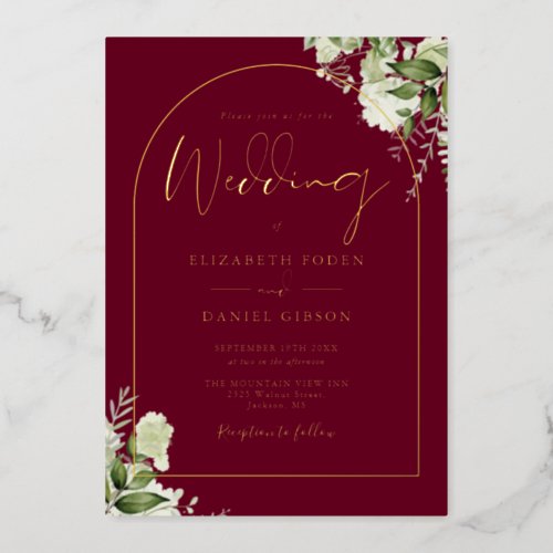 Burgundy Greenery Monogram Wedding Gold Arch Foil Invitation