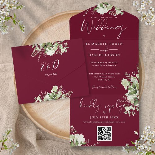 Burgundy Greenery QR Code Monogram Wedding All In One Invitation