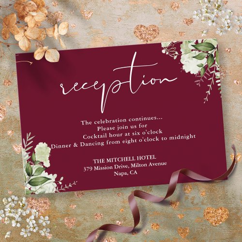 Burgundy Greenery Script Wedding Reception Enclosure Card