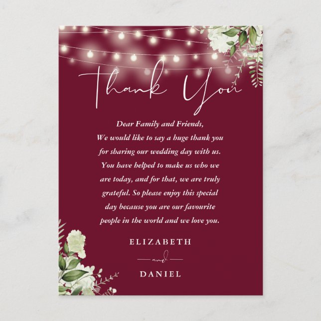 Burgundy Greenery Thank You Wedding Place Card (Front)