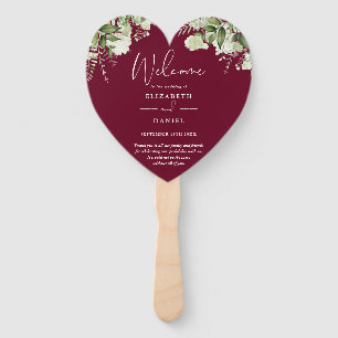 Burgundy Greenery Wedding Program Heart Hand Fan