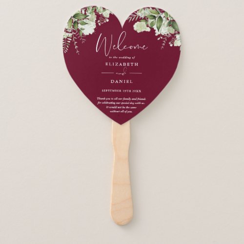 Burgundy Greenery Wedding Program Heart Hand Fan