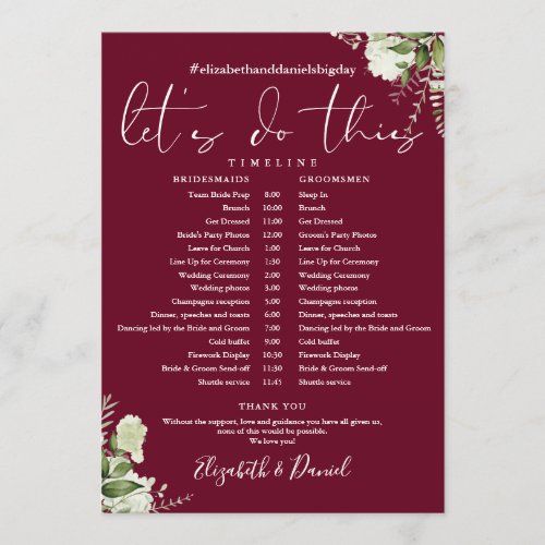 Burgundy Greenery Wedding Schedule Timeline Program