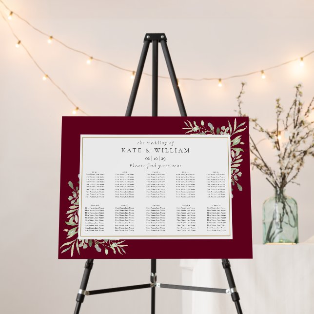 Burgundy Greenery Wedding Seating Plan Chart Foam Board (In Situ (Stand))
