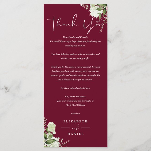Burgundy Greenery Wedding Thank You Place Card (Front)