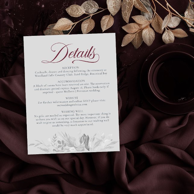 Burgundy Grey Botanical Foliage Wedding Detail Enclosure Card (Wedding Details Card in Burgundy and Grey from the Foliage Duet Collection by Darling & May)