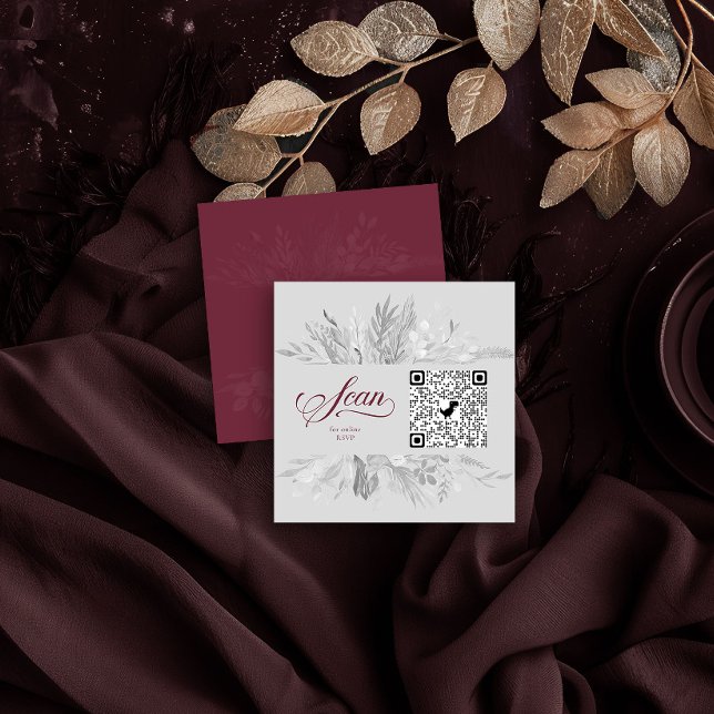 Burgundy Grey Botanical Online RSVP QR Code Enclosure Card (Website QR Code Insert Card in Burgundy and Grey from the Foliage Duet Collection by Darling & May)