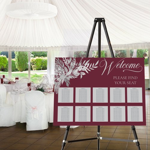 Burgundy Grey Botanical Wedding Seating Chart Foam Board