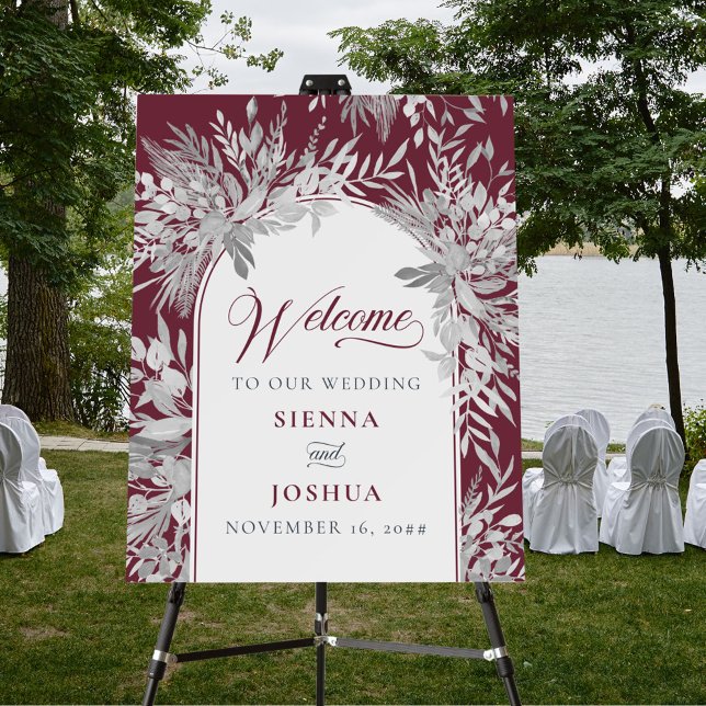 Burgundy Grey Botanical Wedding Welcome Easel Foam Board (Creator Uploaded)