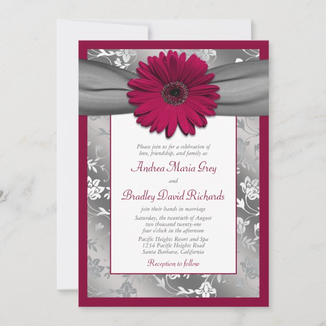 Burgundy Grey Daisy Floral Damask Wedding Invitation (Front)