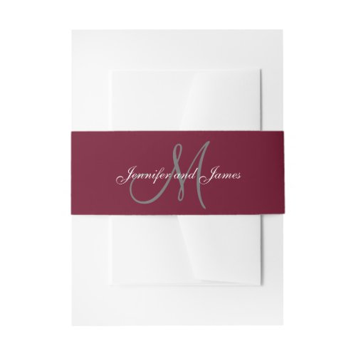 Burgundy Grey Elegant  Monogram Script Wedding Invitation Belly Band