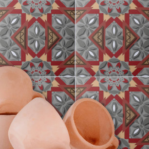 Burgundy Grey Ethnic Mosaic Arabesque Pattern Ceramic Tile