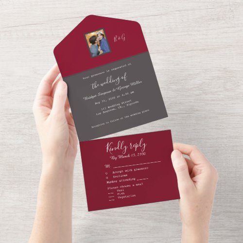 burgundy grey minimal fancy couple photo monogram all in one invitation