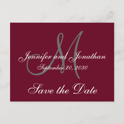 Burgundy Grey Script Monogram Formal Save the Date Announcement Postcard