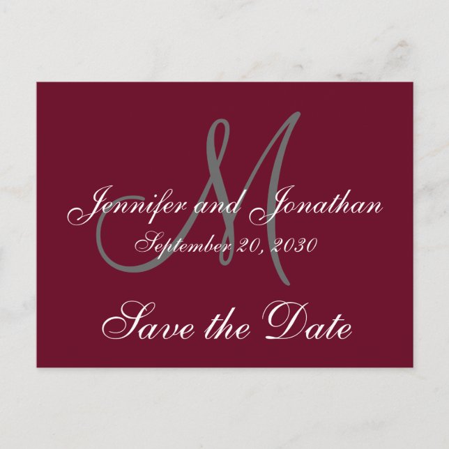 Burgundy Grey Script Monogram Formal Save the Date Announcement Postcard (Front)