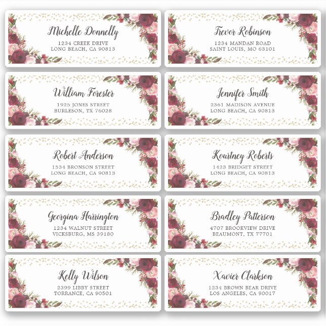 Burgundy Guests Name and Address Wedding Label (Front)