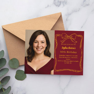 Burgundy hand-drawn bow photo birthday invitation postcard