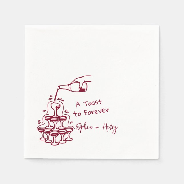 Burgundy Hand Drawn Champagne Glass Tower Wedding Napkins (Front)