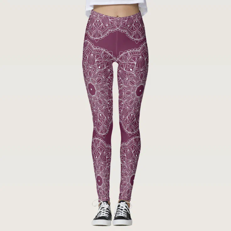 Burgundy Hand-drawn Peace Mandala Leggings | Zazzle