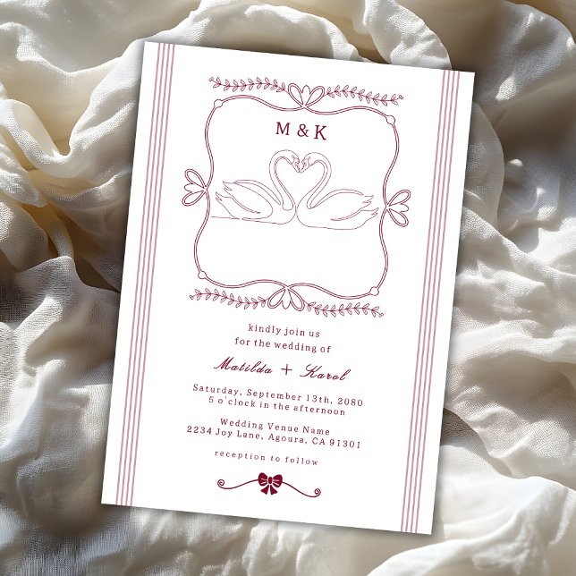Burgundy Hand Drawn Swan Stripes Monogram Wedding Invitation (Creator Uploaded)
