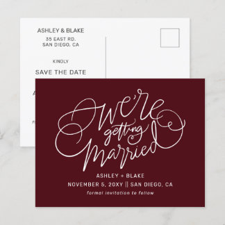 Burgundy Handwritten Calligraphy Save the Date Announcement Postcard