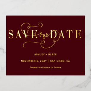 Burgundy Handwritten Calligraphy Save the Date  Foil Invitation Postcard