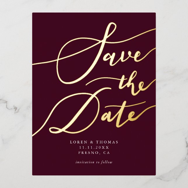 Burgundy Handwritten Calligraphy Save The Date Foil Invitation Postcard (Front)