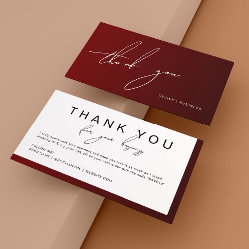 Burgundy Handwritten Script Thank You Discount Business Card