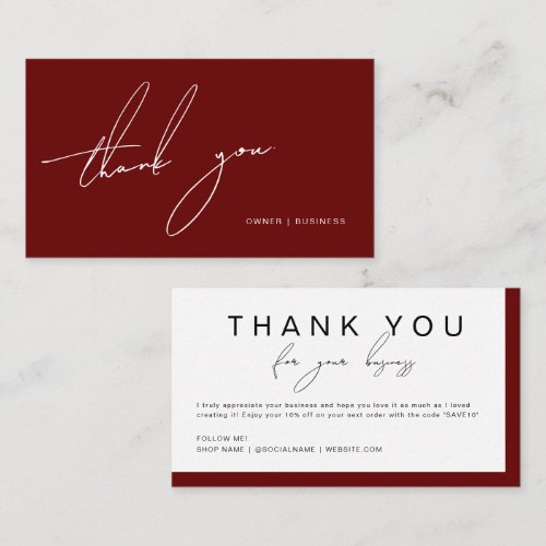 Burgundy Handwritten Script Thank You Discount Business Card