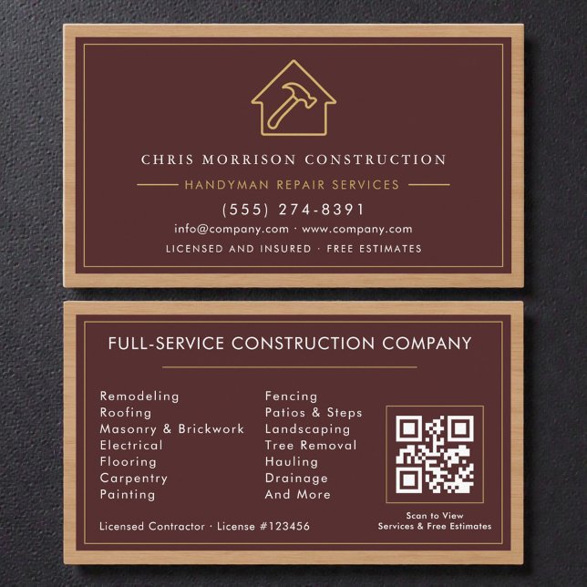 Burgundy Handyman QR Code Wood Construction  Business Card (Creator Uploaded)