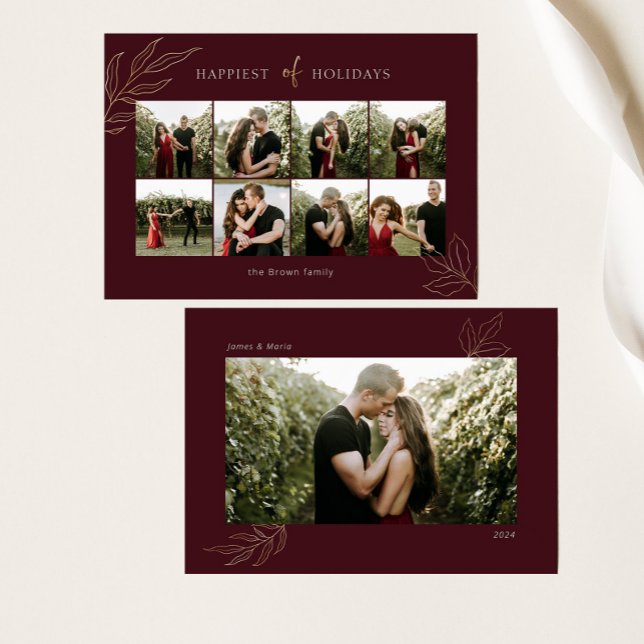 Burgundy Happiest of Holidays Family Photo Collage Holiday Card (Creator Uploaded)
