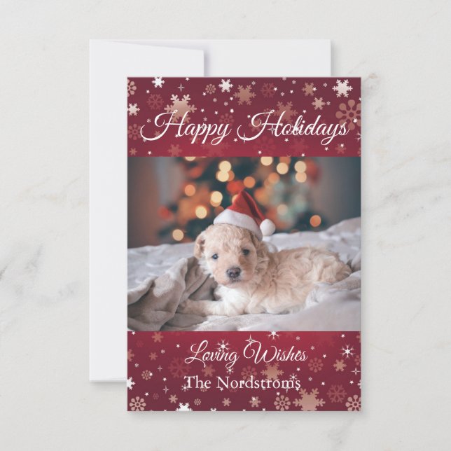 Burgundy Happy Holiday Custom Family Photo  Note Card (Front)