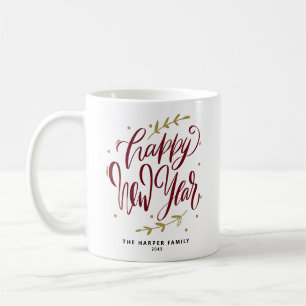 Burgundy Happy New Year Modern Calligraphy Wreath Coffee Mug