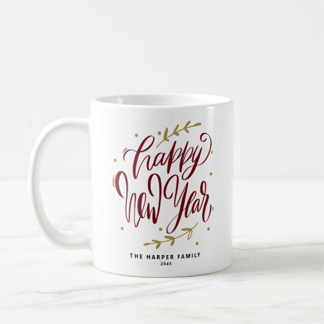 Burgundy Happy New Year Modern Calligraphy Wreath Coffee Mug (Left)