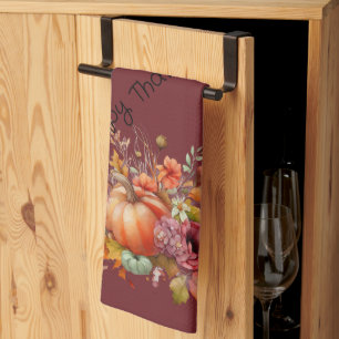 Burgundy Happy Thanksgiving Pumpkin Fall Flowers Kitchen Towel