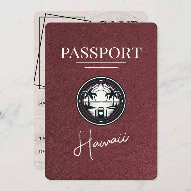 Burgundy Hawaii Passport Save The Date (Front/Back)