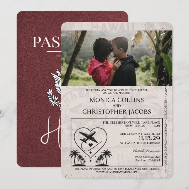 Burgundy Hawaii Passport Wedding Invitation (Front/Back)