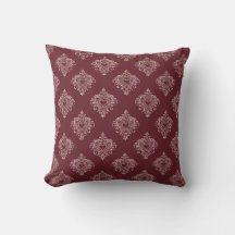 Burgundy Heart Damask Throw Pillow