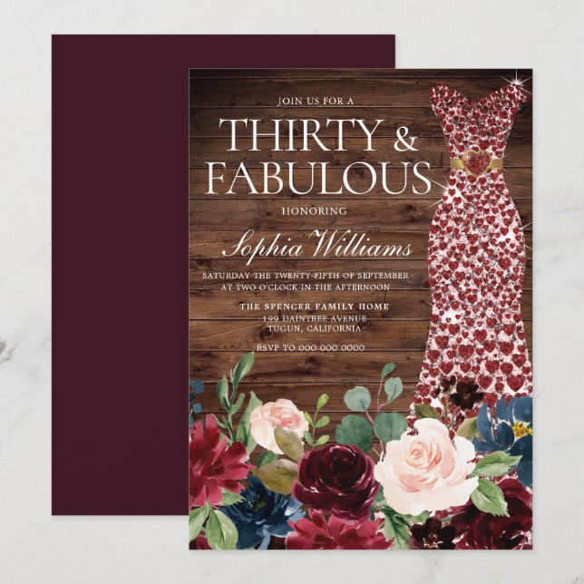 Burgundy Heart Dress Rustic Floral 30th Birthday Invitation (Front/Back)