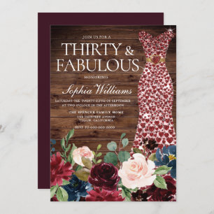 Burgundy Heart Dress Rustic Floral 30th Birthday Invitation