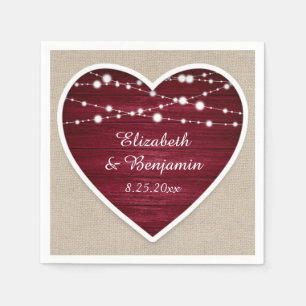 Burgundy Heart String Lights Burlap Wedding Napkins