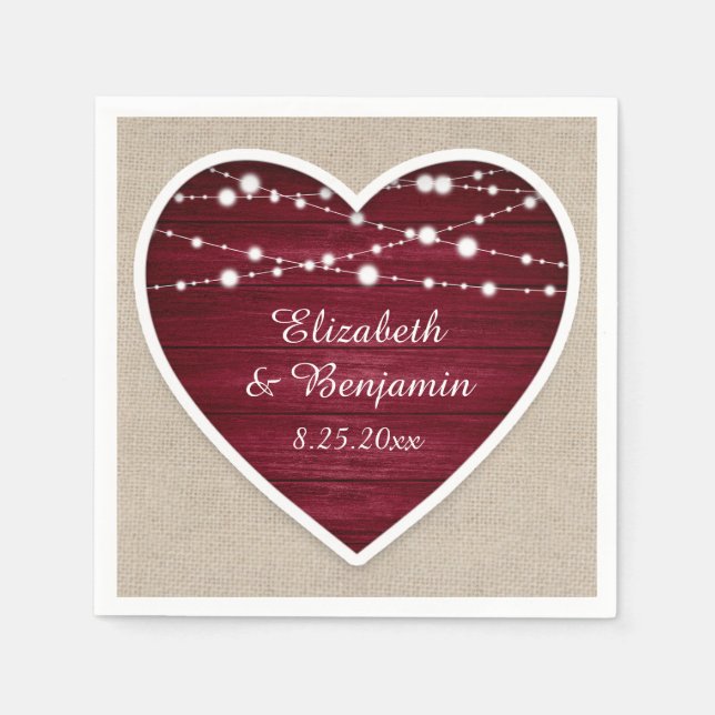 Burgundy Heart String Lights Burlap Wedding Napkins (Front)
