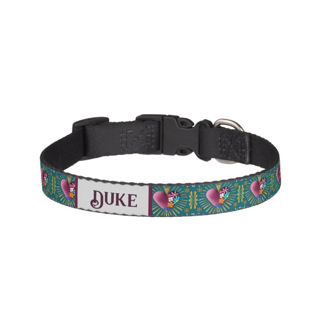 Burgundy heart with flowers and golden rays  pet collar (Front)