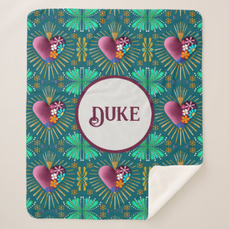 Burgundy heart with flowers and golden rays sherpa blanket