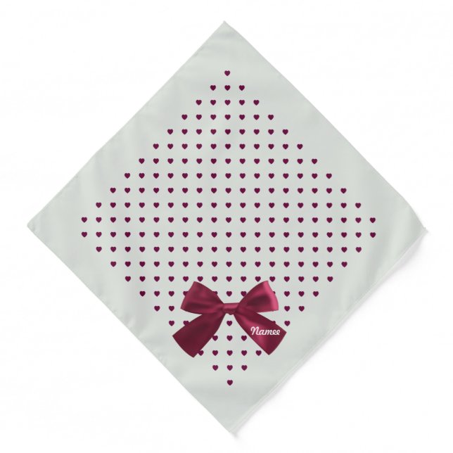 Burgundy Hearts & Bow Pet Name Green Pet  Bandana (Front)