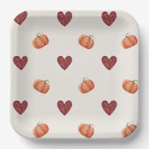 Burgundy Hearts Pumpkins Thanksgiving Paper Plates