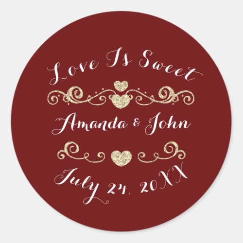 Burgundy Hearts Save the Date Love is Sweet Classic Round Sticker