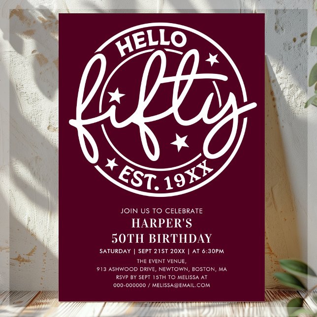Burgundy Hello Fifty 50th Birthday Invitation (Creator Uploaded)